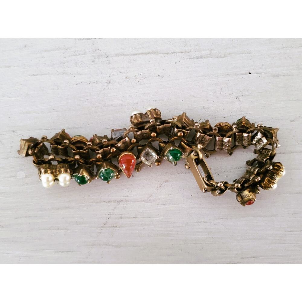Victorian Revival Brass Filigree Faux Pearl & Glass Stone Bracelet - Picture 2 of 9